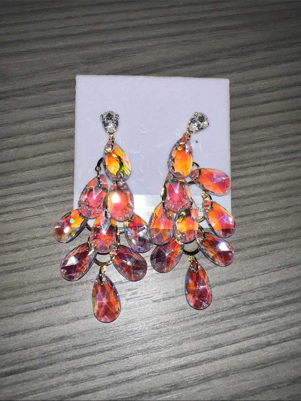 Iridescent Orange-Pink Teardrop Chandelier Earrings